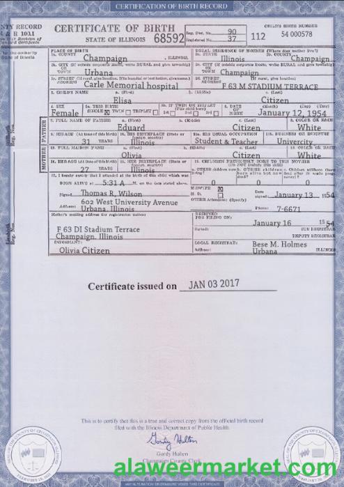 USA Illinois state birth certificate template in PSD format